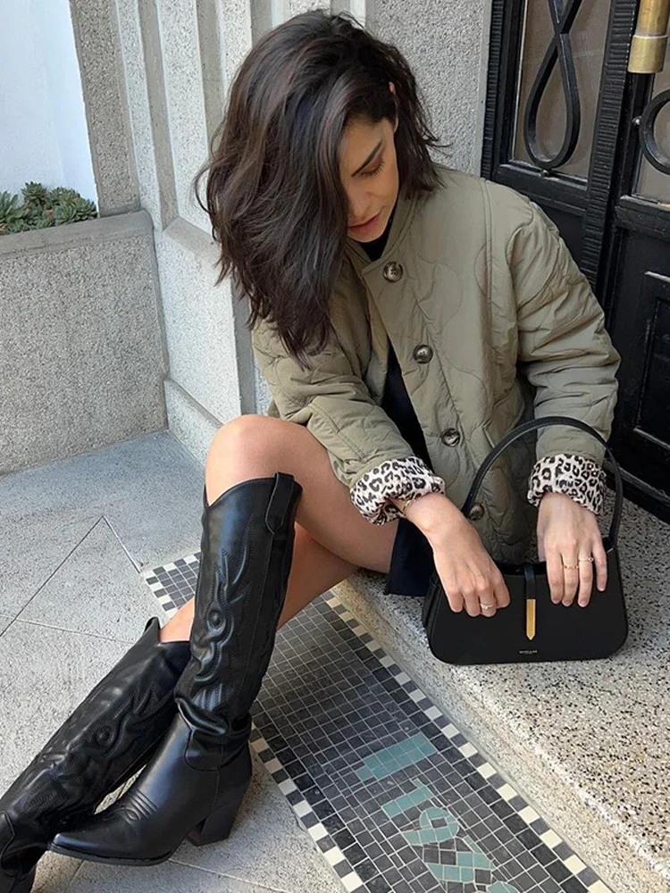 Casual Solid Thin Padded Jacket Women Chic O-neck Single Breasted Long Sleeve Pocket Overcoat Autumn Lady Chic Street Outerwear