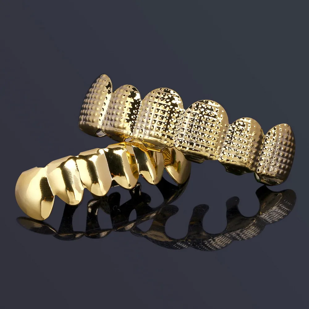 Youngx fashion 6/6 glänzend karierte Zähne Grillz oben unten Hip Hop 14 Karat vergoldete Zahn kappen für Frauen Männer Schmuck Party Geschenk