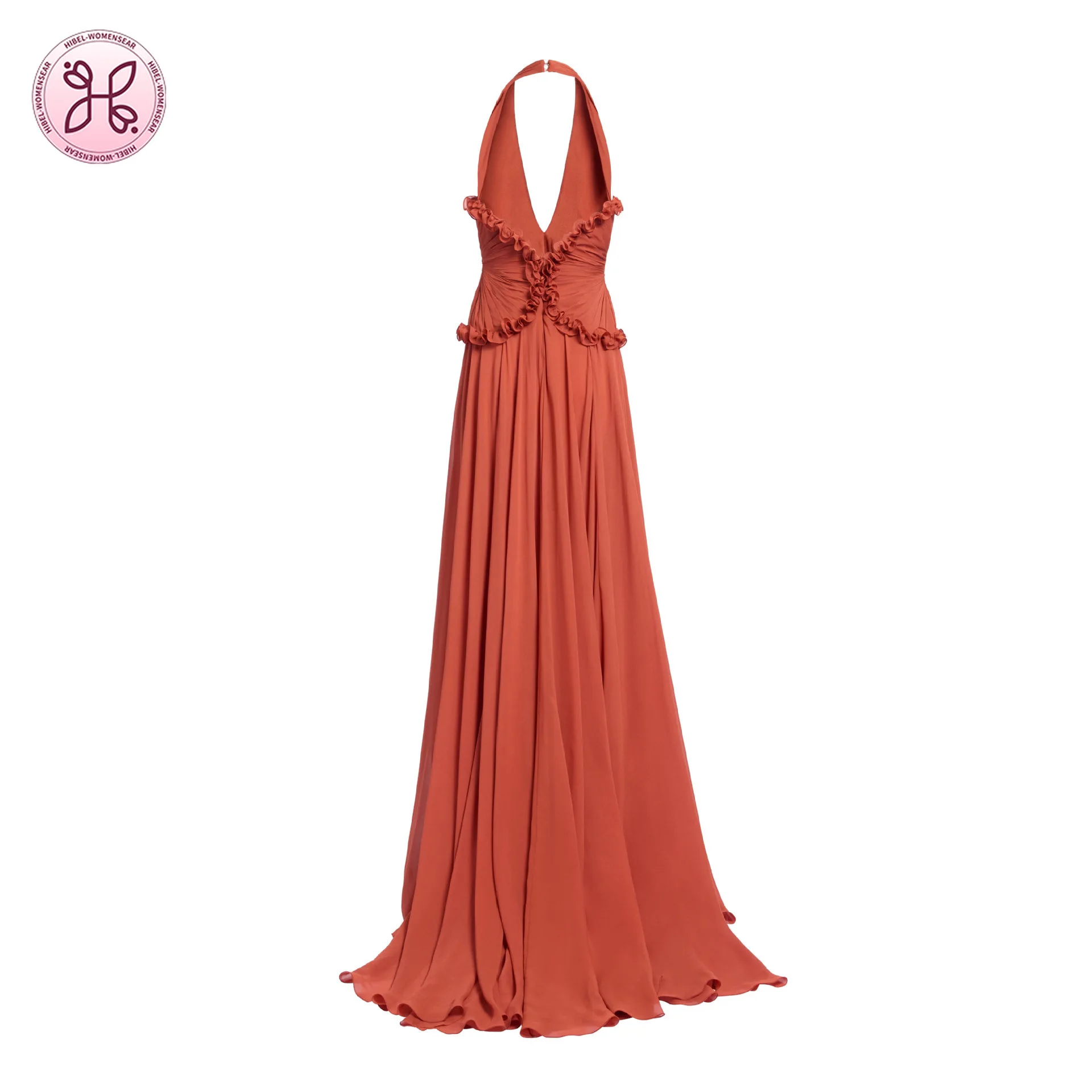 Luksusowa suknia typu halter - głęboki dekolt w serek, marszczona talia, wycięcie maxi (Elegancka suknia ślubna na plażę dla kobiet)