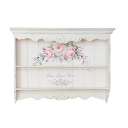 2 Tier Vintage Retro Handcrafted French Country White Rose Printing Wooden Wall Decor Display Organizer Shelf