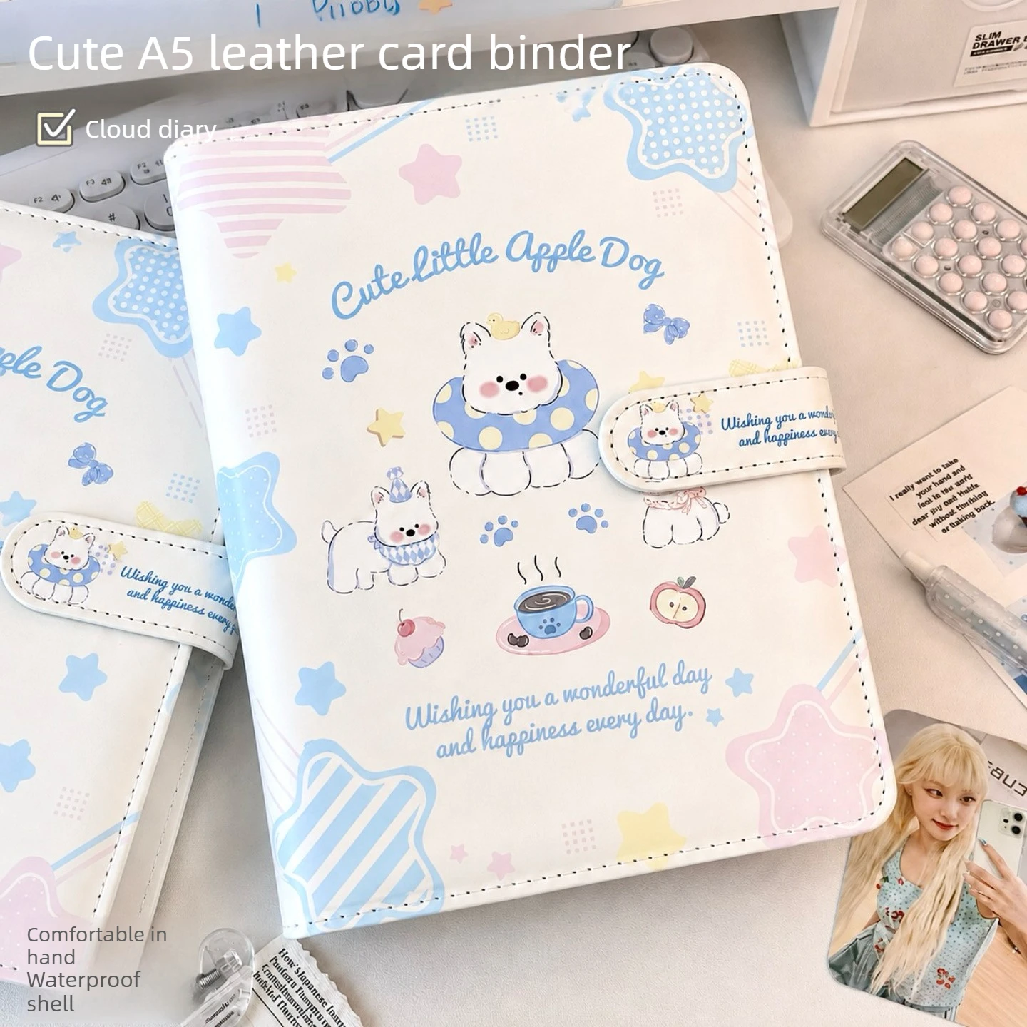 Cute Dog A5 PU Leather 4-Grid Photo Card Album – Refillable 3-Inch Binder for Polaroids, Kpop Photocards, Postcards Collection