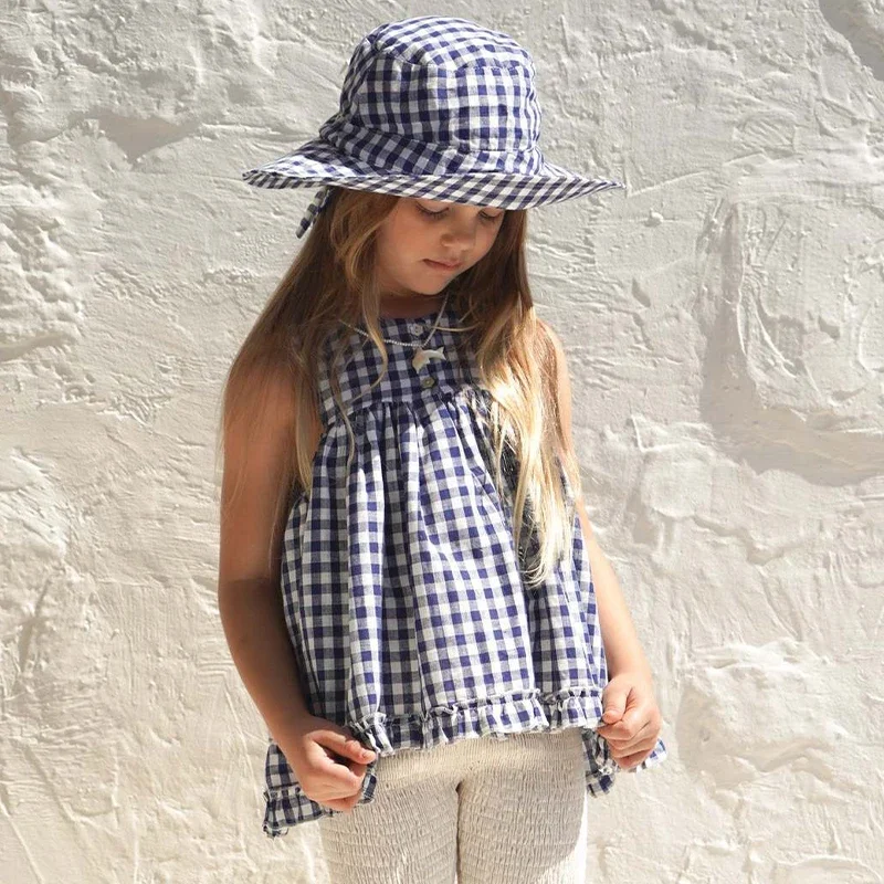 Retro Plaid Girls Sleeveless Pleated Tops Summer New Pastoral Style Cotton Casual Loose Children's T-Shirts TZ148