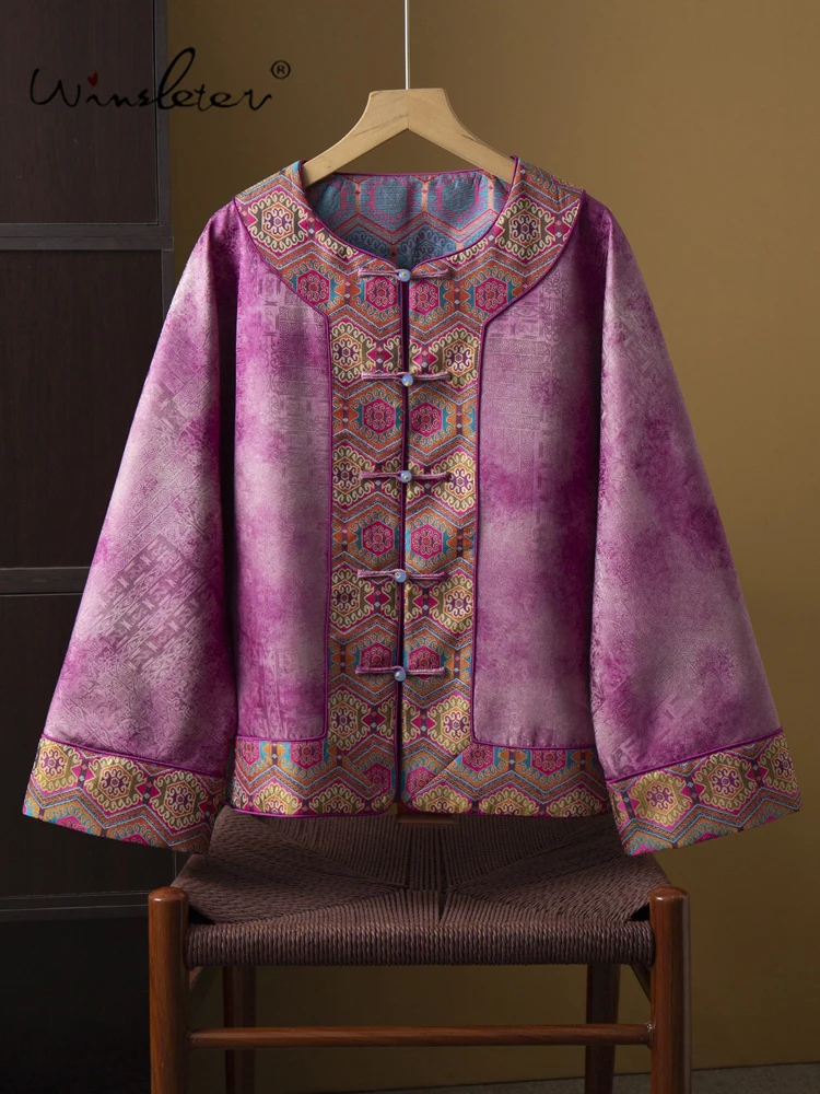 

Winsleter-100%Real Silk Elegant Coat, Reversible Jacquard Pearl Button, Women Retro Commute Loose Coat, 2025 Winter New C5D209CC