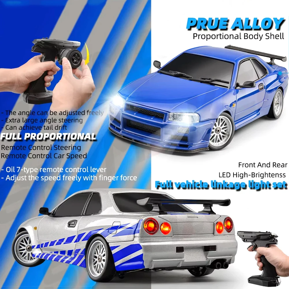LDRC 1899 1/18 RC Drift Car LD1899 GTR Mode R34 2,4 GHz RWD con giroscopio en carretera aleación cuerpo Shell coche de carreras para niños regalos