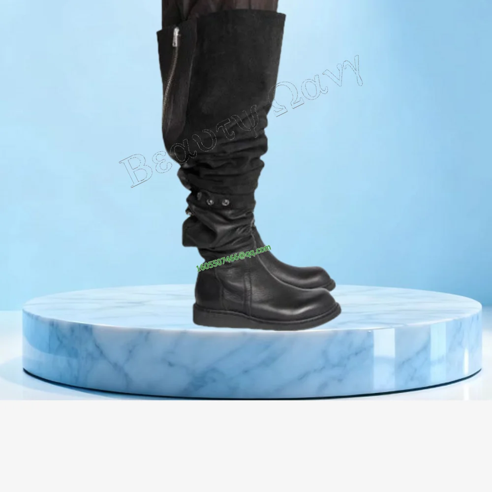 

Black Patchwork Men's Knight's Boots Back Zipper Matte Leather Round Toe Knee High Shoes for Men Shoes Zapatos Para Hombres