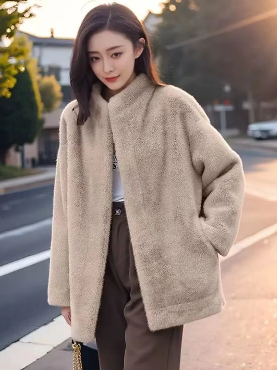 

Young Style Stand Collar Fur Coat Women's Mid-Length Winter Eco-Friendly Knee-Pad Health Ring Fashionable Protective Outerwear