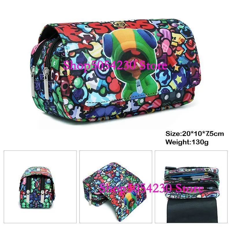Estuche de lona elástico con estampado de figuras de anime para niños, estuche de lápices de gran capacidad de doble capa con diseño de Brawl-Star-Hero, material escolar