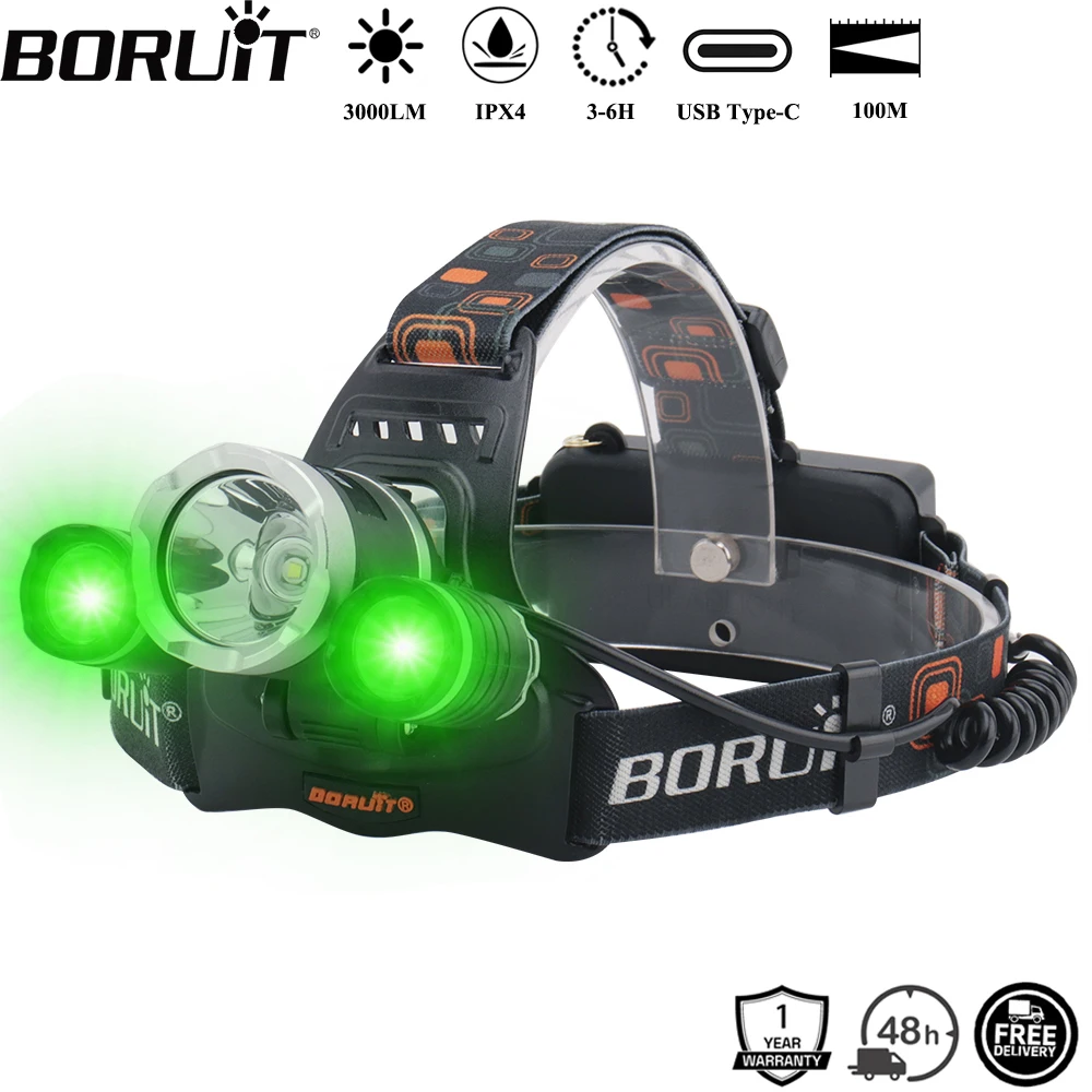 BORUiT RJ-3000 Green LED Headlamp 3000LM Powerful USB-Type-C Rehargeable Headlight Waterproof Camping Fishing Head Torch