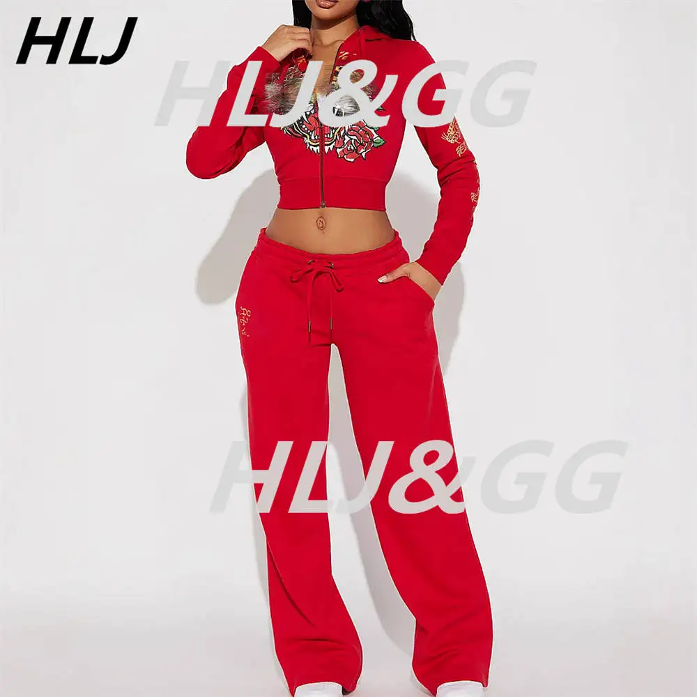 HLJ Y2K Fashion Pattern Print Two Piece Sets Women Zipper Hooded Long Sleeve Crop Top And Pants Outfits Autumn New 2pcs Clothing