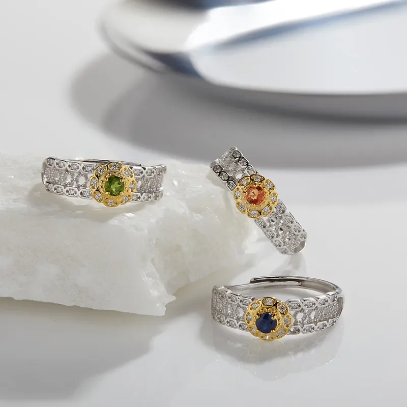 S925 sterling silver inlaid with natural diopside sapphire color sapphire ring women's retro hollow personality versatile
