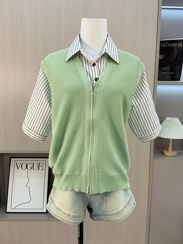 

plus Size Women's Striped irt ort Sve Loose Casual Slimming Top Trendy Summer Outfit Korean Sle Commute Faion