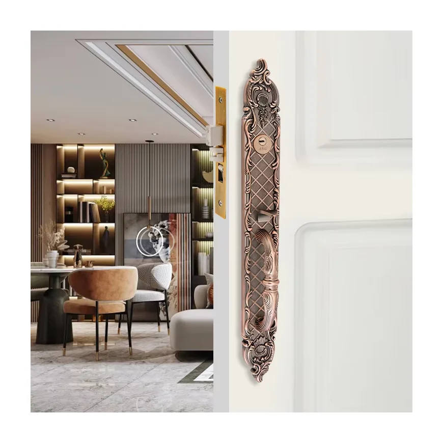 European Style Villa Door Exterior Red Bronze Double Pull Sliding Zinc Alloy Antique Furniture Combination Door Lock