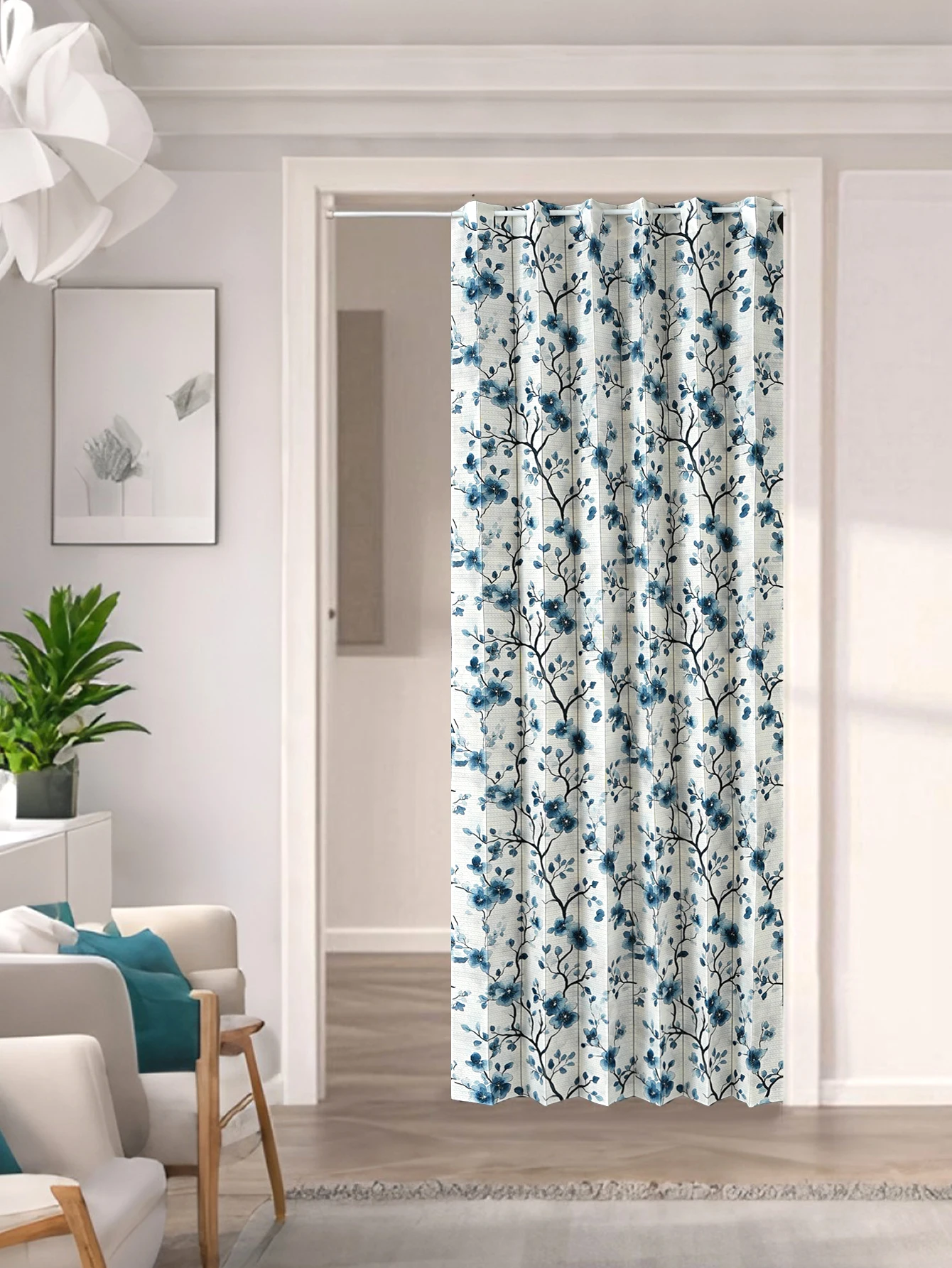 Japanese Style Fresh Floral Print Folding Door Curtain Kitchen Bedroom Bathroom Room Divider Privacy Curtain Concealable