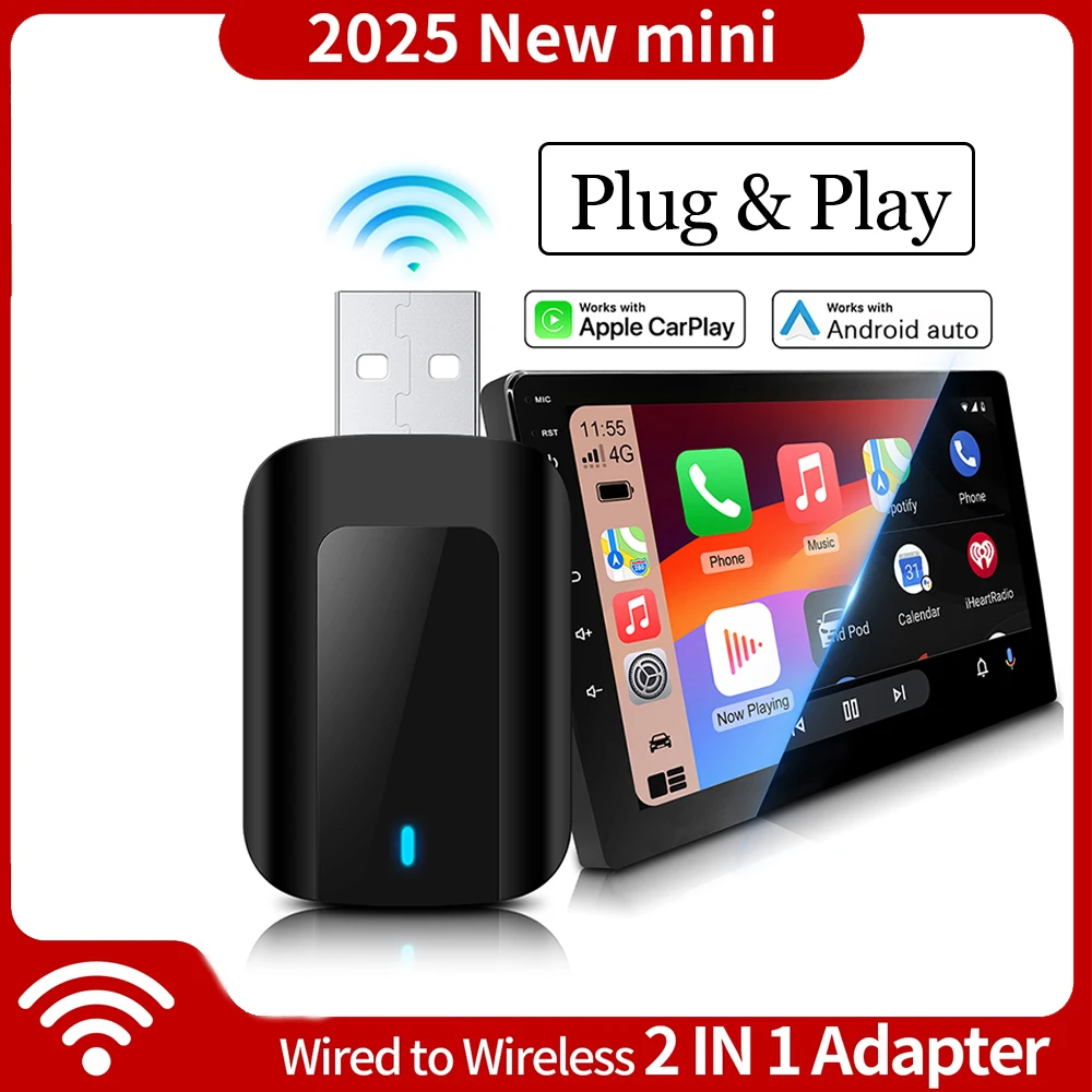 2024 New 2 in 1 Wireless CarPlay Android Auto Adapter for Factory Wired Car Wireless CarPlay & Android Auto