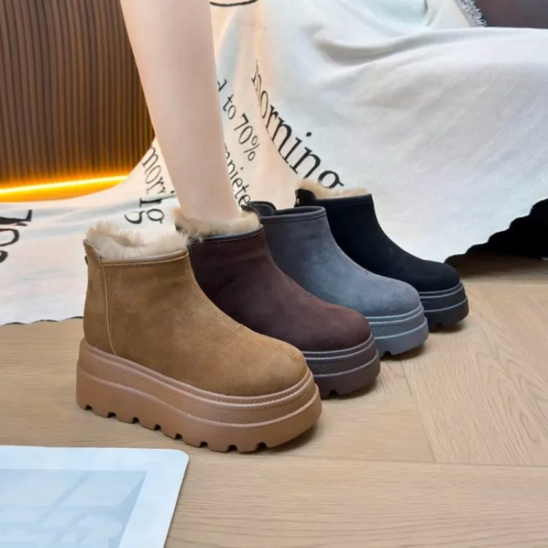 

Suede Leather Snow Shoes Ankle Booties Platform Winter Boots Women Comfortable Non Slip Chelsea Boots Chunky Heel Female New