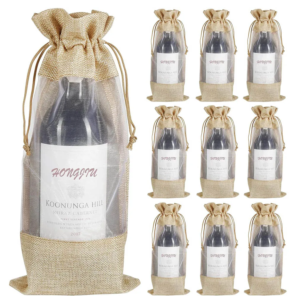 Jute Wine Bags,10pcs Burlap Wine Bottle Gift Bags 750ml with Sheer Window Organza Hessian Drawstring Gift Bags for Wedding