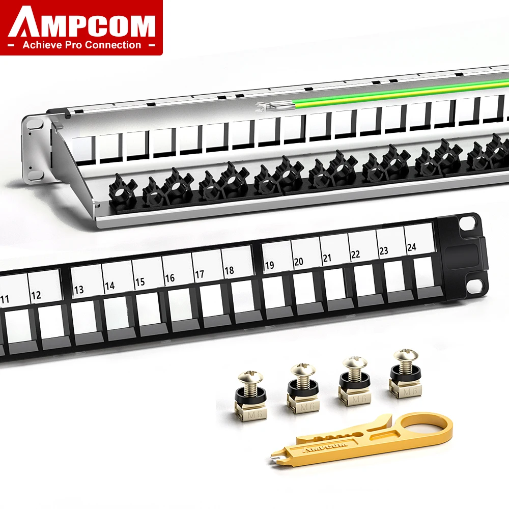 AMPCOM 1U Blank Keystone Patch Panel 24 Ports , 19 inch Rack or Wall Mount with Rear Cable Management Panel for Ethernet Cable