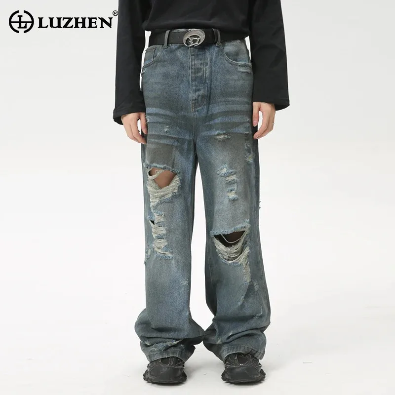 LUZHEN Hollow Wornout Trendy Straight Jeans Personalized Stylish Luxury Original High Quality Men's Wide Leg Denim Pants LZ7784