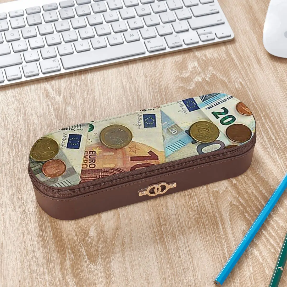 Leder-Federmäppchen mit Euro-Banknoten- und Münzmotiv, Stifthalter, Aufbewahrung für Schreibwaren, Stiftbox, Federmäppchen für Jungen und Mädchen, Geschenke
