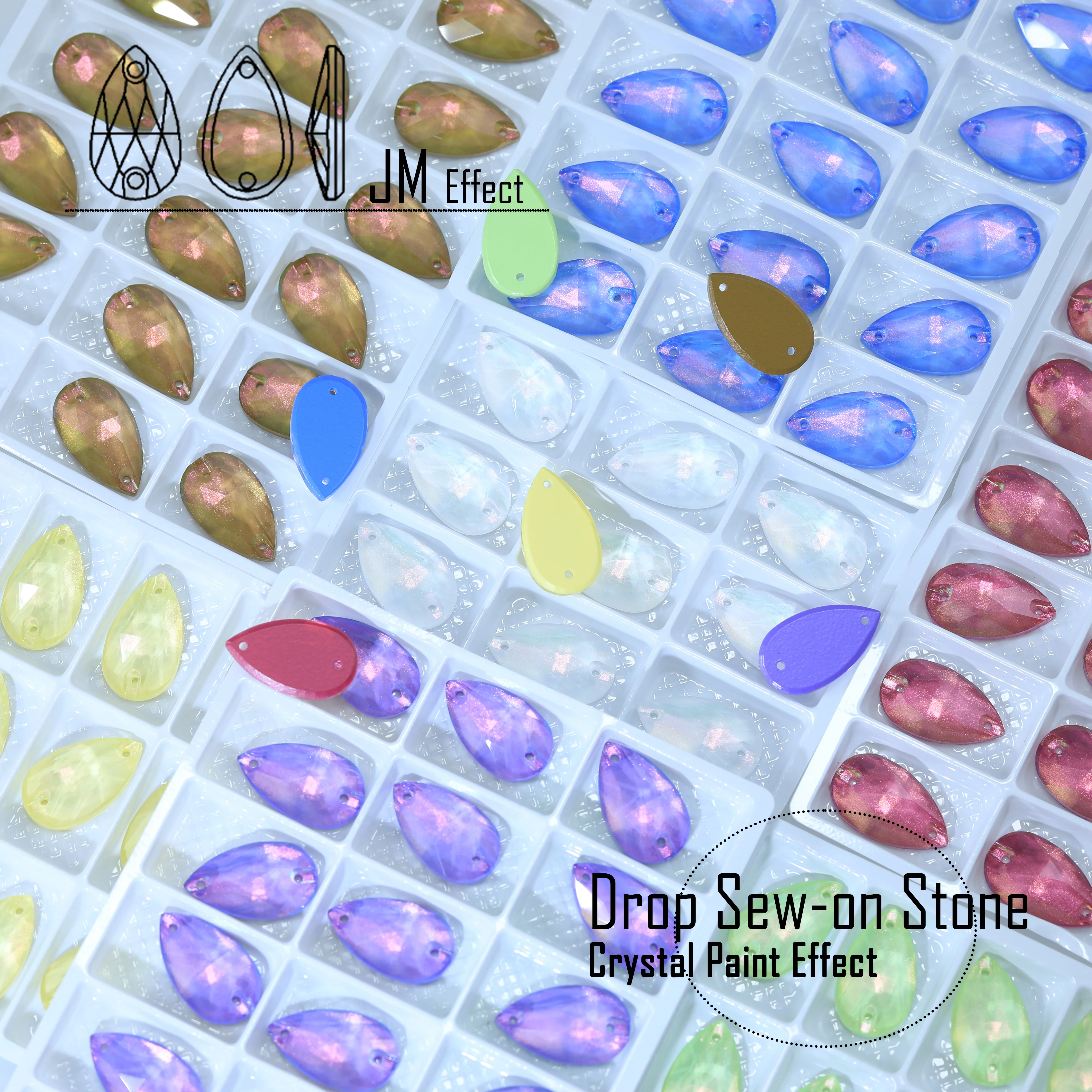 JM Effect Rhinestone Sparkling Glass Crystal Sew-on Stones Drop Style with Paint Effect for DIY Craft Clothing Accessories Shoes