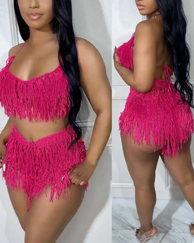 Two Piece Set Women Outfit 2024 Summer Sexy Spaghetti Strap Backless Crop Crochet Top & Tassel Design Beach Vacation Shorts Set