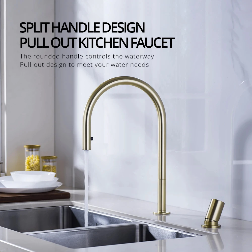 Brushed Gold Kitchen Faucet Invisible Pull Out Spray Mixer Double Hole Single Handle Solid Brass Hot and Cold Separate Sink Tap