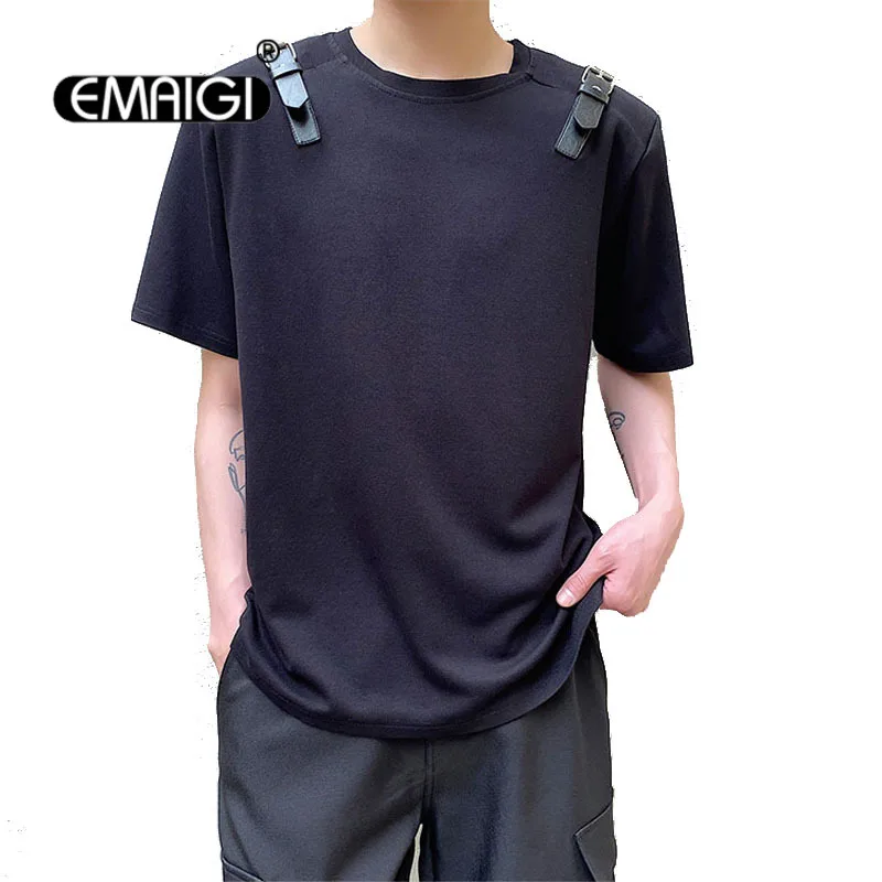 Leather Belt Wide Shoulder Tshirts Men Japan Korean Streetwear Chic Fashion Loose Casual Short Sleeve T-shirt Male Tees Shirts