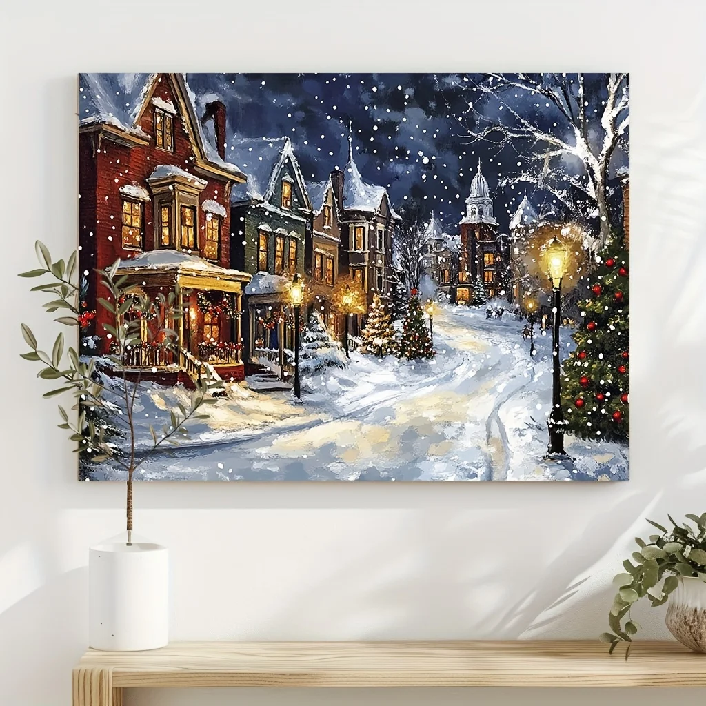 Christmas Eve Scene Canvas Painting Wooden Frame Snowy Streets Victorian Style Neighbourhood Decoration Holiday Wall Decoration