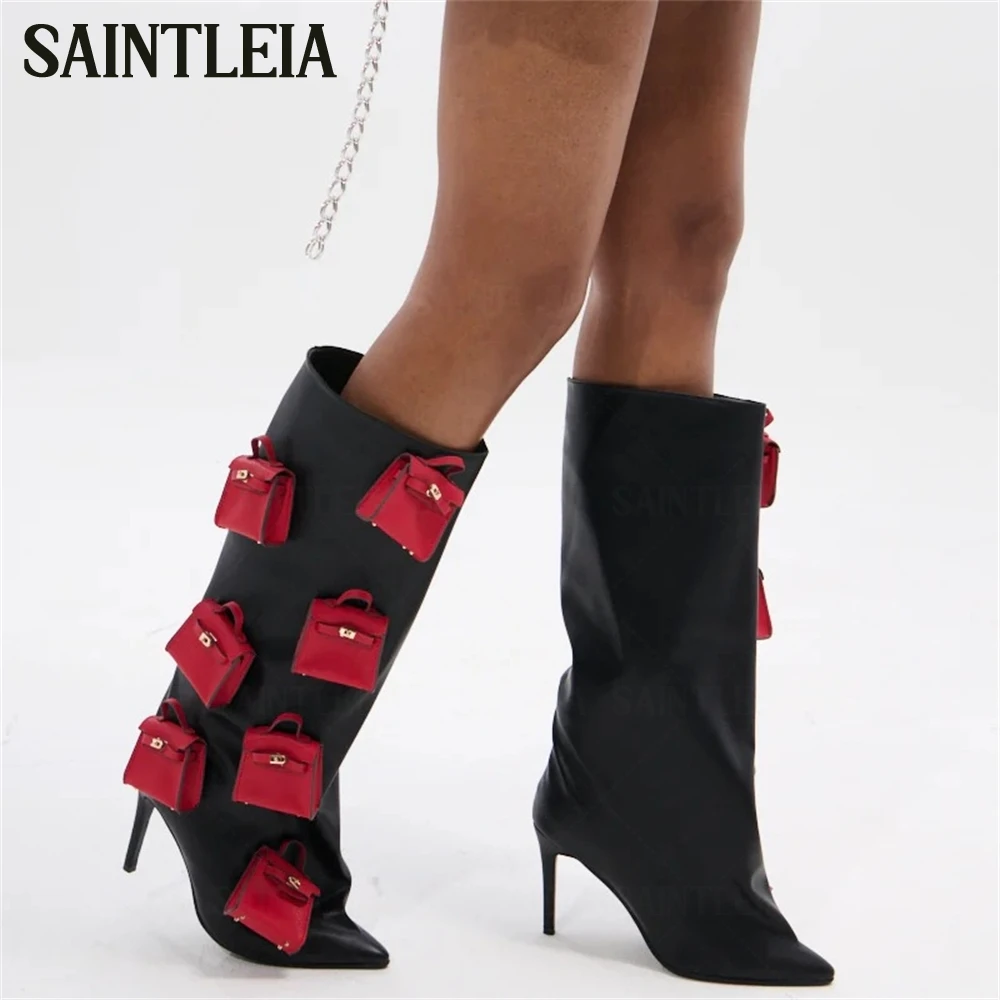 Red Purse Pendants Leather Knee Boots Sculptural Pointed Knee High Shaft Stiletto Boots Fashion Style Handmade Black Purse Boots