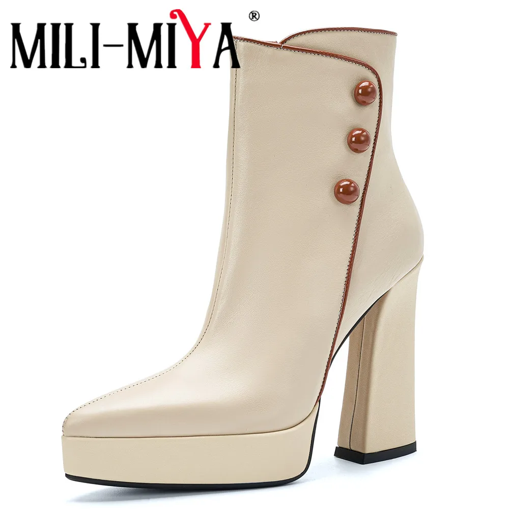 MILI-MIYA New Arrival Women's Pointed-Toe Platform Calfskin Ankle Boots With Extra-High Chunky Heels—Handcrafted For Ladies