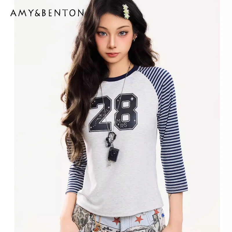 

Retro Casual Sports Digital Women's Top 2026 Spring Age Reduction Versatile Contrasting Color Seven-quarter Sleeve T-shirt Girl