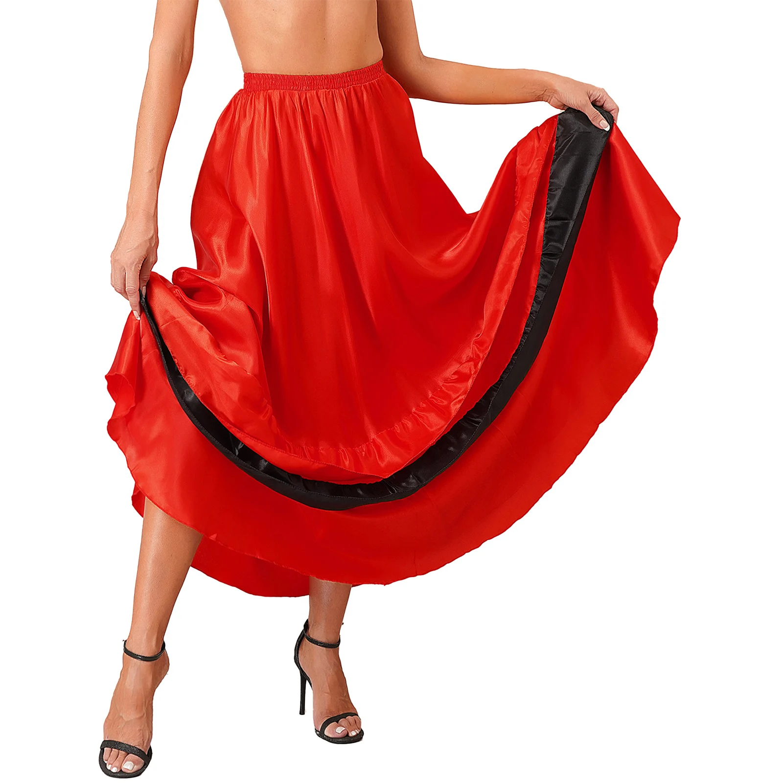 Women Spanish Paso Doble Skirt Ballroom Flamenco Latin Dance Tango Performance Clothes Tiered Ruffle Wide Hemline Dancewear