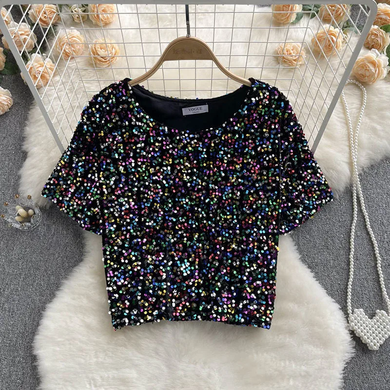 Heavy Industry Sequin T-shirt Women's Design Sense Niche Loose All-match Short Round Neck Temperament Fried Street Shirt Trend