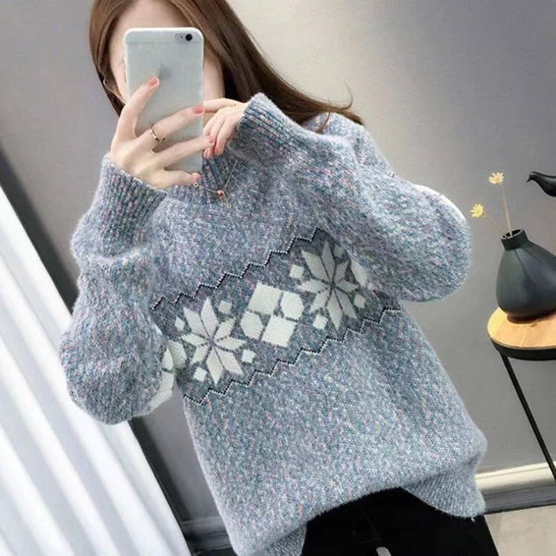 High Collar Knit Sweater with Floral Print, Long Sleeve, Korean Style, Harajuku Fashion, Autumn and Winter Pullover