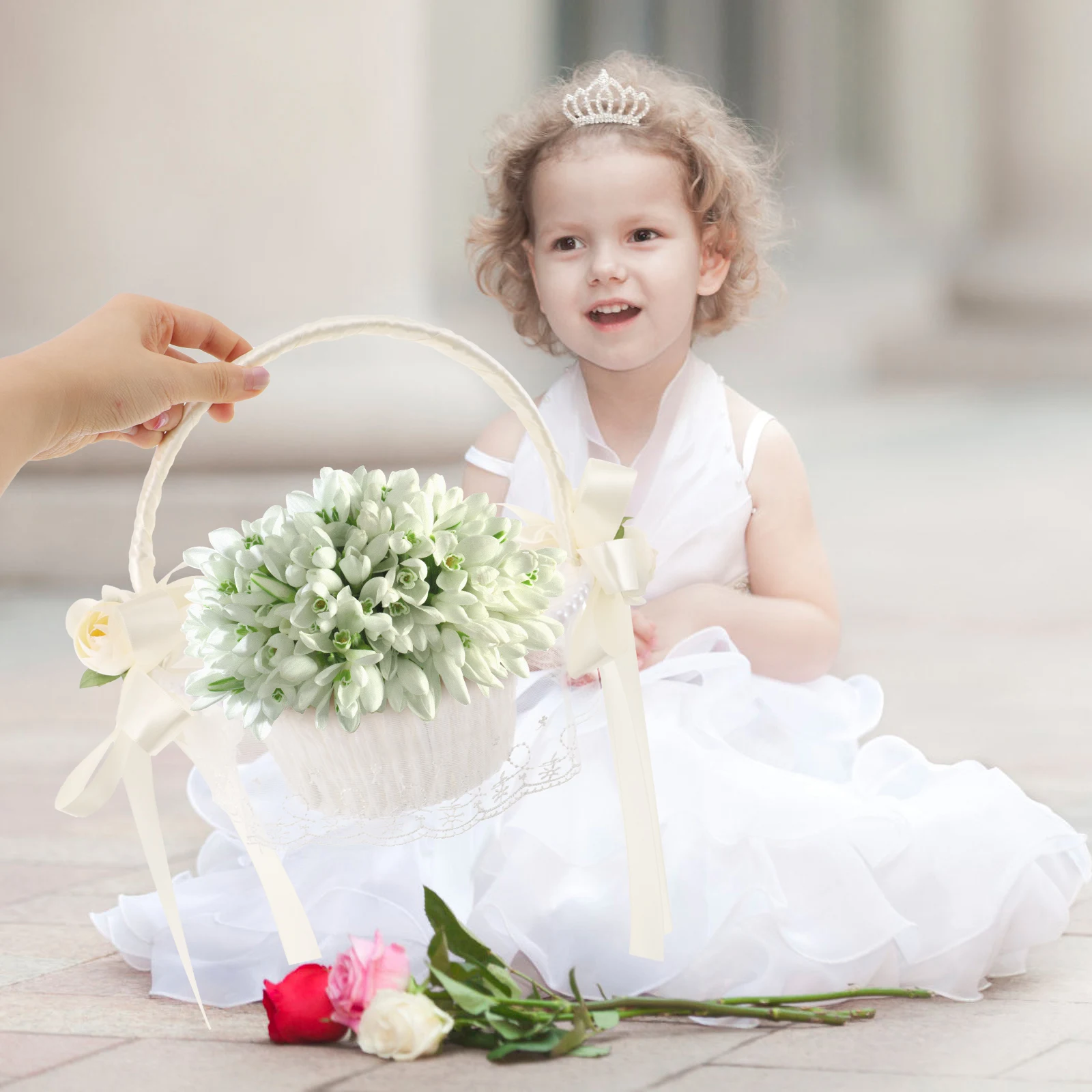 

Simulated Rose Basket 5798 White Mini Decorative Wedding Party Supplies Fake Petals Storage Bowknot Portable Handle Candy Flower