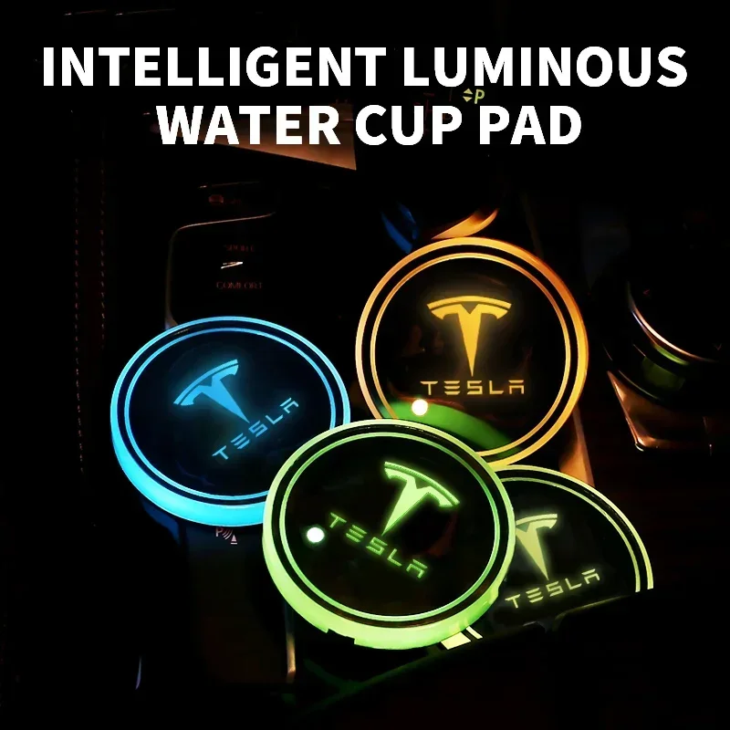 Car Colorful Led Atmosphere Light Cup Luminous Coaster Holder For Tesla Model 3 S X Y Style Roadster Invader Coil Mod WYE K80