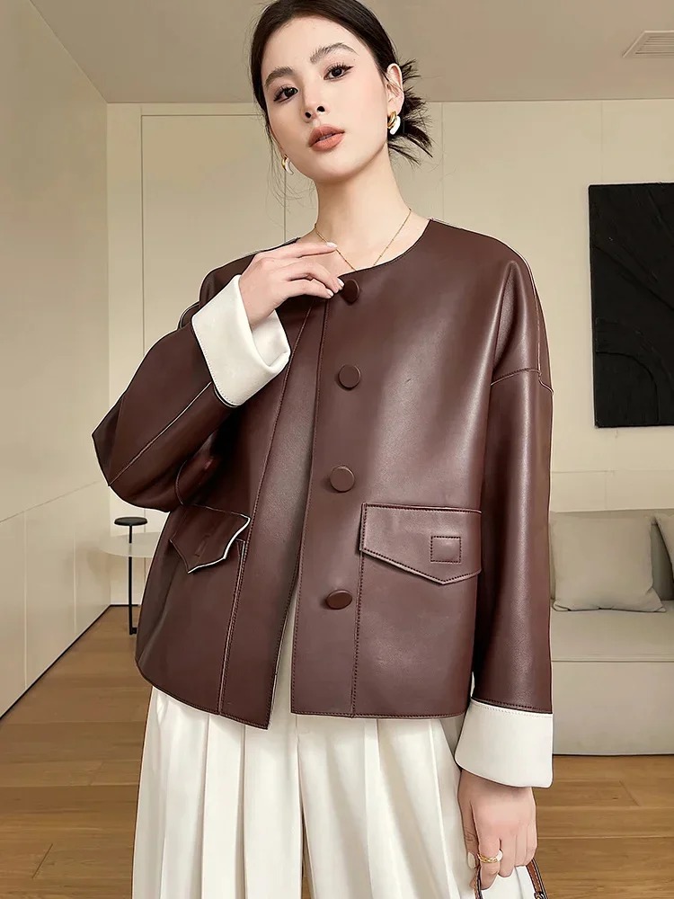 Leather Genuine Women Jacket Short Fashion O-neck Single Breasted Vintage Loose-fit Casual Real Sheepskin Coat chaqueta mujer