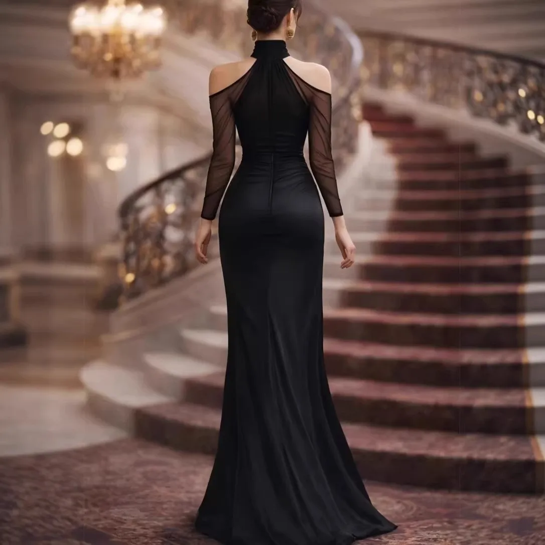 Single Halter Neck Gown Mermaid Elegant with Pleated Dress for Women Maxi Length Off Shoulder Sleeve Three Quarter Sleeve