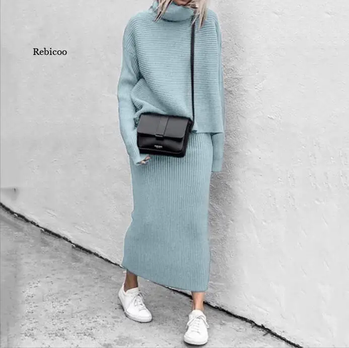 Knitted Suit Autumn Women Pullovers Sweater Crop Tops & Knitted Skirts 2 Pieces Set Warm Solid Office Lady Sweater Sets