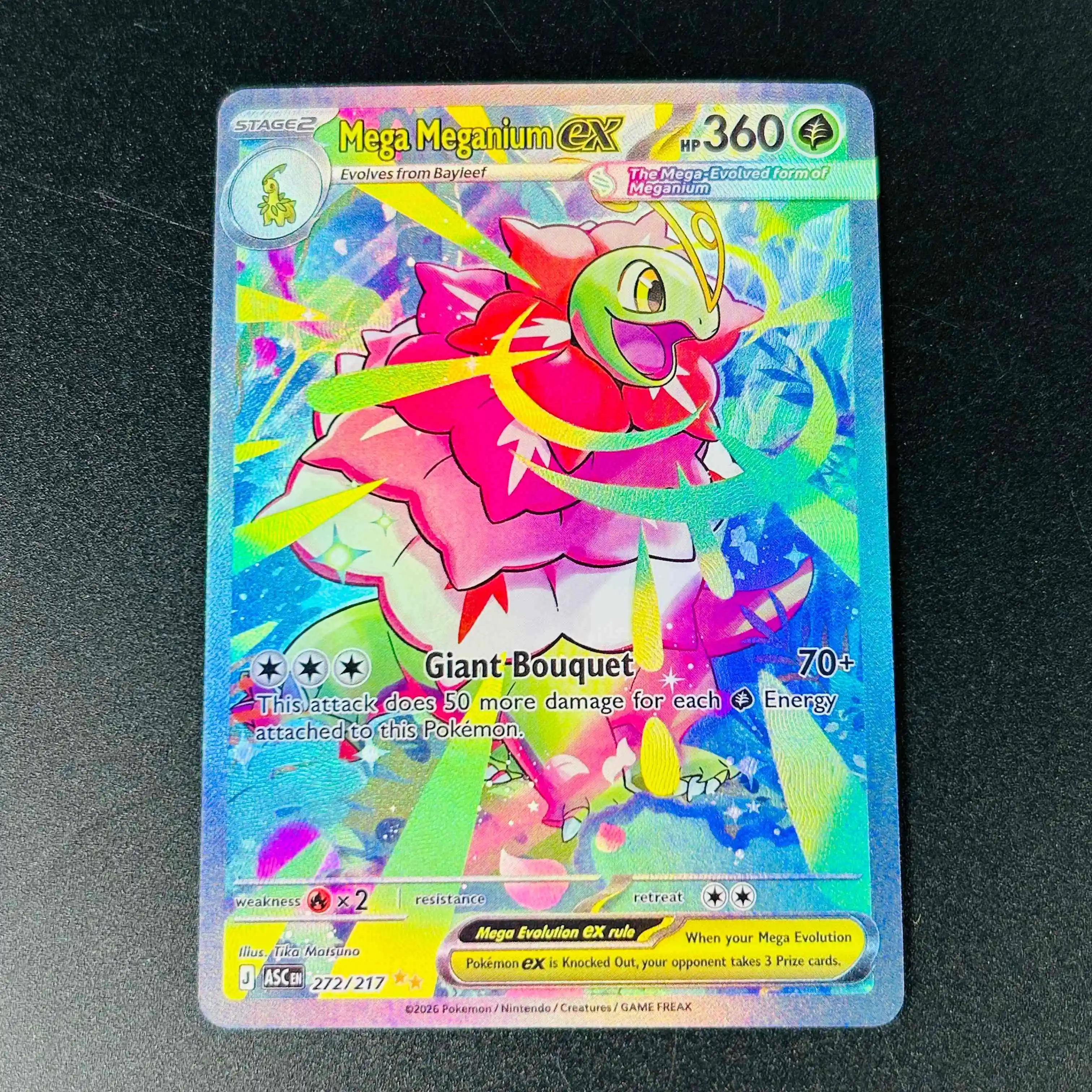 Tarjeta Coleccionable Pokémon 2026 English Mega Meganium ex Full Art Holo DIY Texturizada - Rara en Estado Impecable