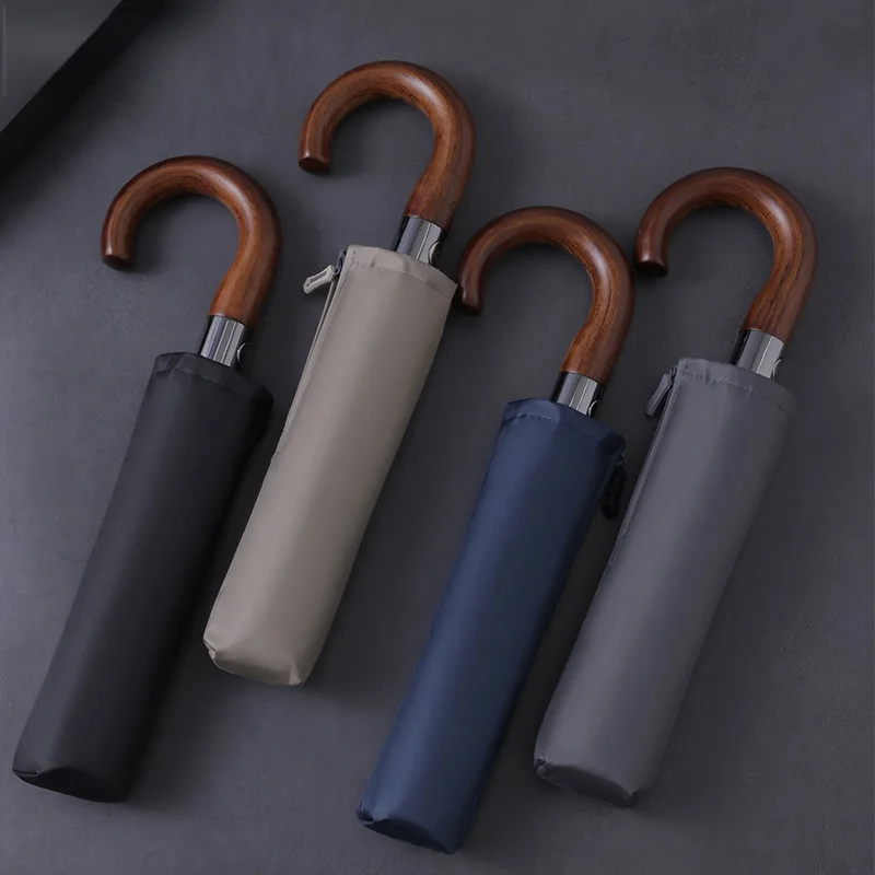 

Windproof UV protection casual folding UPF50+automatic umbrella handle curved handle design, stylish design compact sun and rain