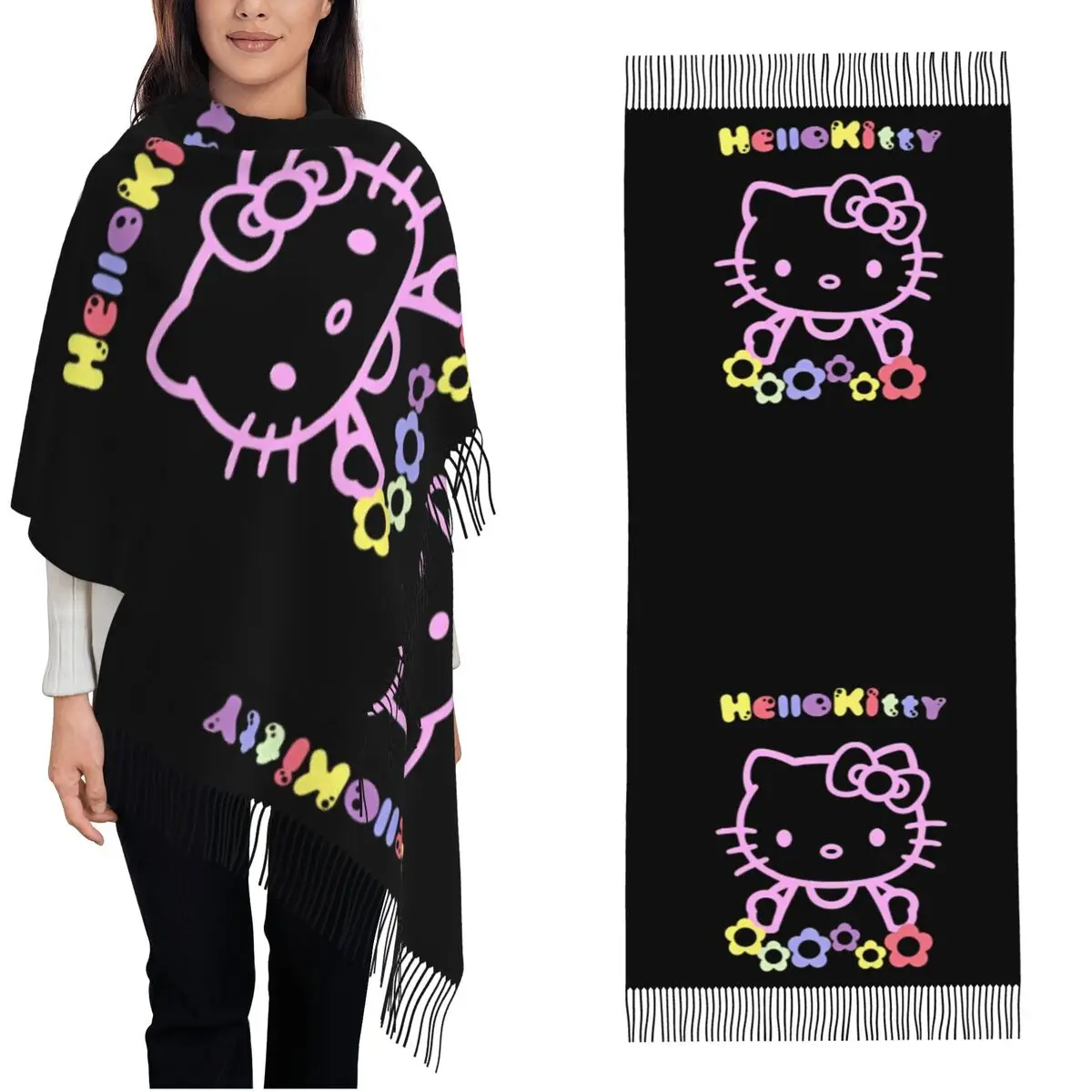 مرحبا كيتي طباعة وشاح المرأة أغطية الرأس الأوشحة مع شرابة طويلة الخريف خمر شالات التفاف الدفء المطبوعة باندانا