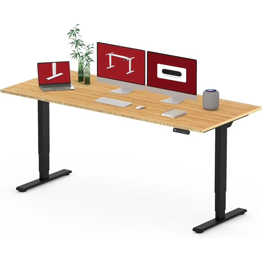 

72 Dual Motor Height-Adjustable Bamboo Desk with 3-Stage Column, 3 Preset Handset, and Sit-Stand Reminder for Home & Office