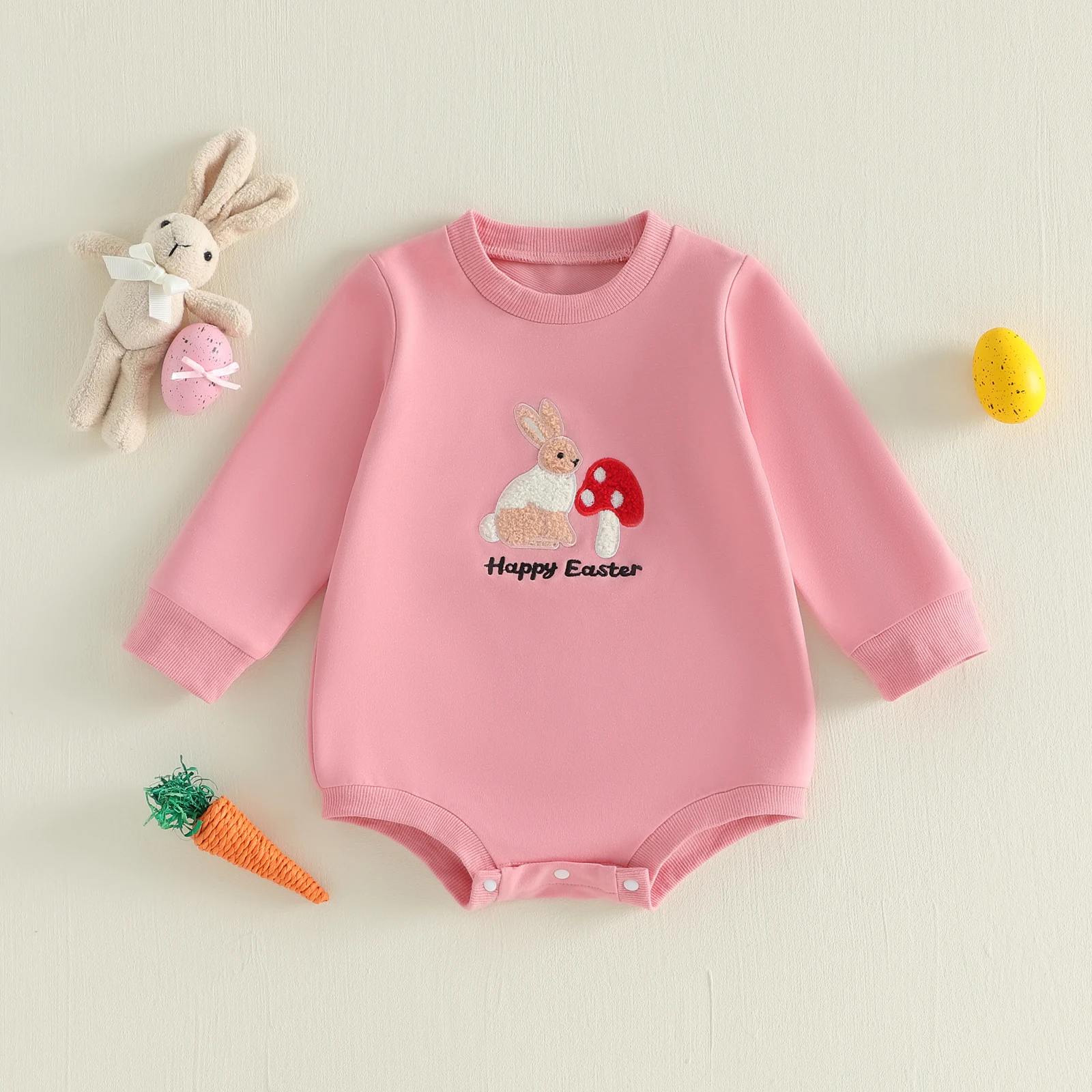 

0-18 Months Baby Girl Easter Sweatshirt Romper Long Sleeve O Neck Letter Bunny Mushroom Embroidery Romper