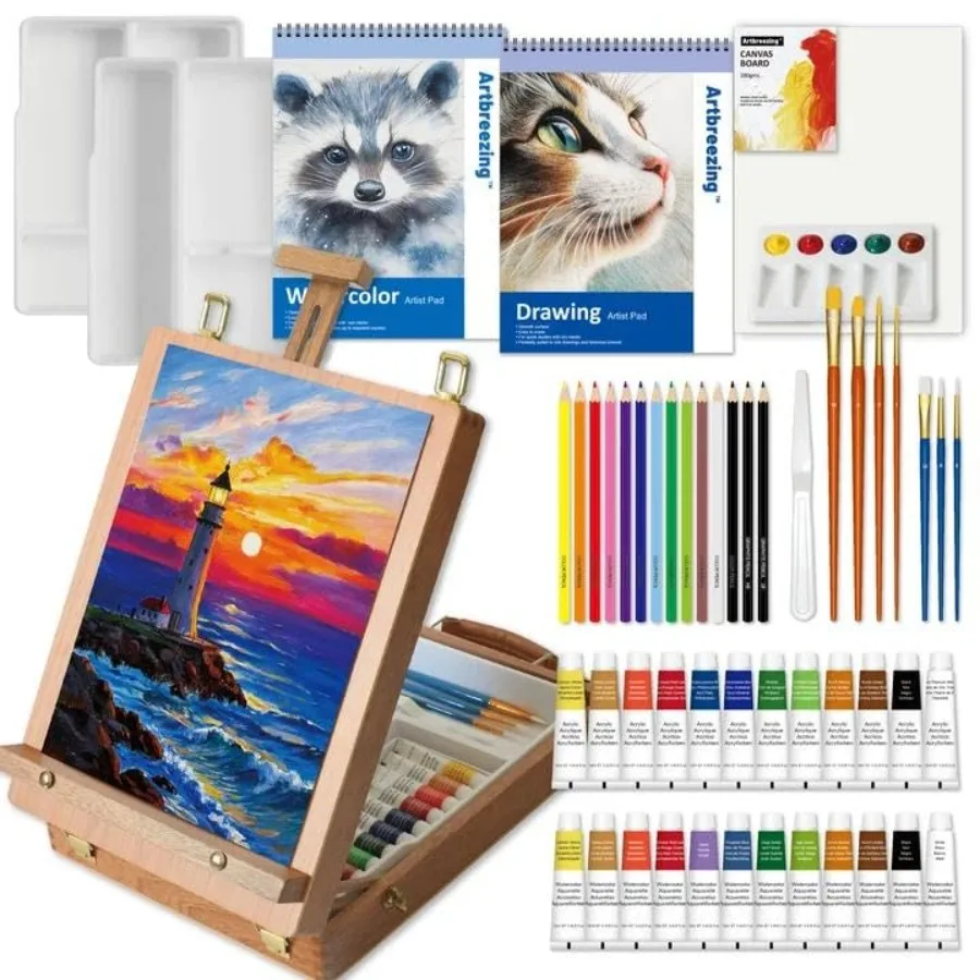 

Набор для смешанной техники живописи, 55 предметов, с настольным мольбертом-боксом и различными аксессуарами, полный комплект для рисования