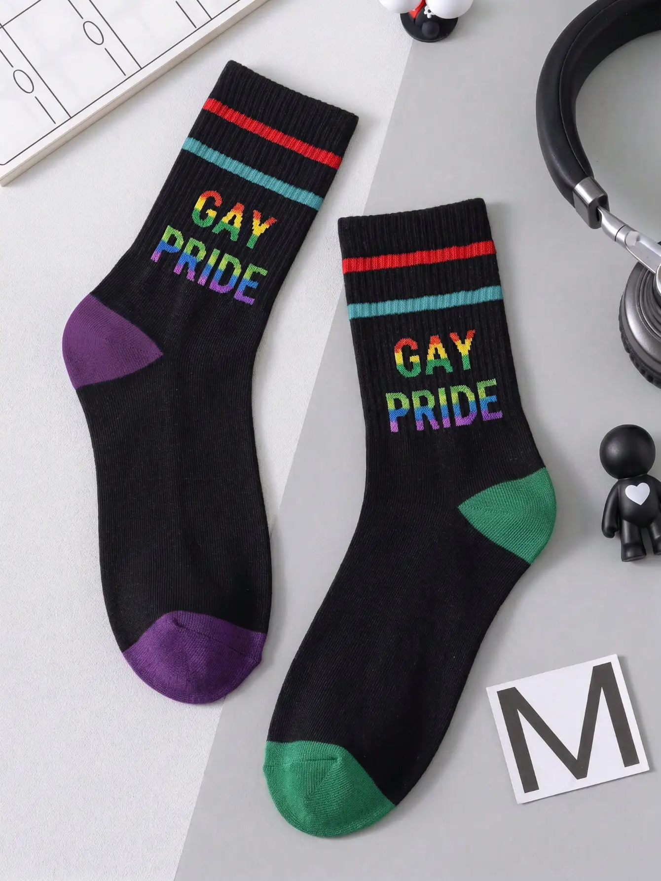 3 Pairs of Black Lgbtq Pride Mid-Calf Socks, Rainbow Gradient Letter Print, Striped Knit Cuff Casual Street Style Mid-Calf Socks