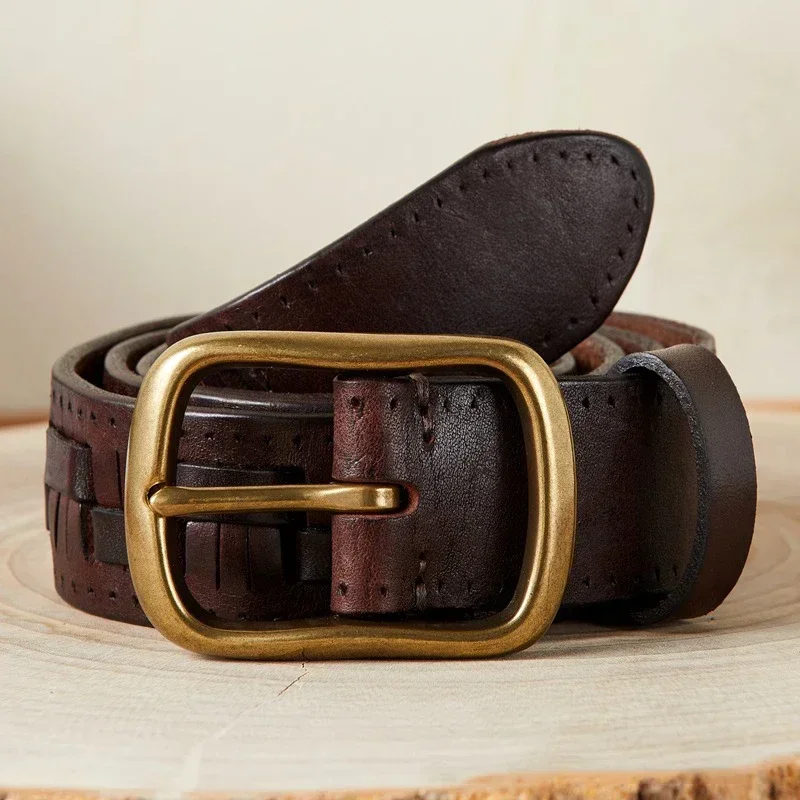 

3.8CM Vintage Genuine Leather Weaving Belt for Men with Brass Pin Buckle