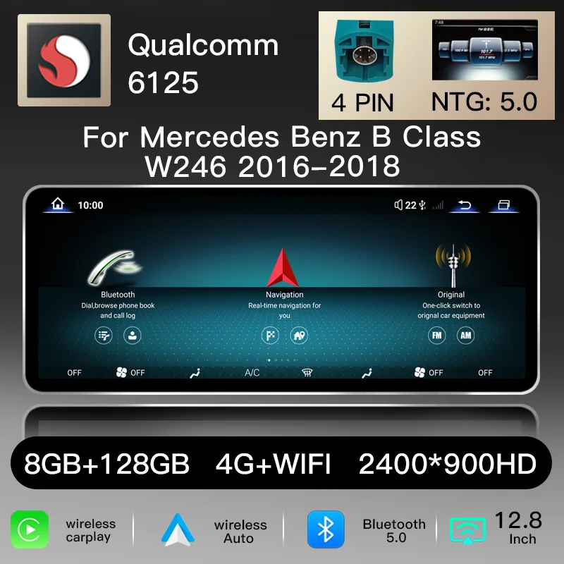 12,8" 2400*900 Snapdragon 6125 Android 14 autoradio voor Benz B-klasse W246 W245 2012-2018 4.5/5.0 multimedia video audio draadloze CarPlay DSP Navi GPS navigatie hoofdunit stereo BT 4G WiFi