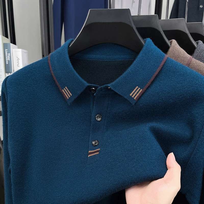 Men's Luxury Brand Solid Color Knitted Polo Shirt Autumn New Long Sleeved Exquisite Lapel T-shirt Business Casual Men's Clothing