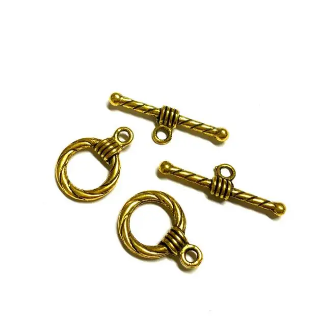 10sets 15mm wide, hole 1.8mm bar:26mm long , hole 1.8mm Dark Gold Tibetan Silver color round lines pattern Toggle Clasps EF0338